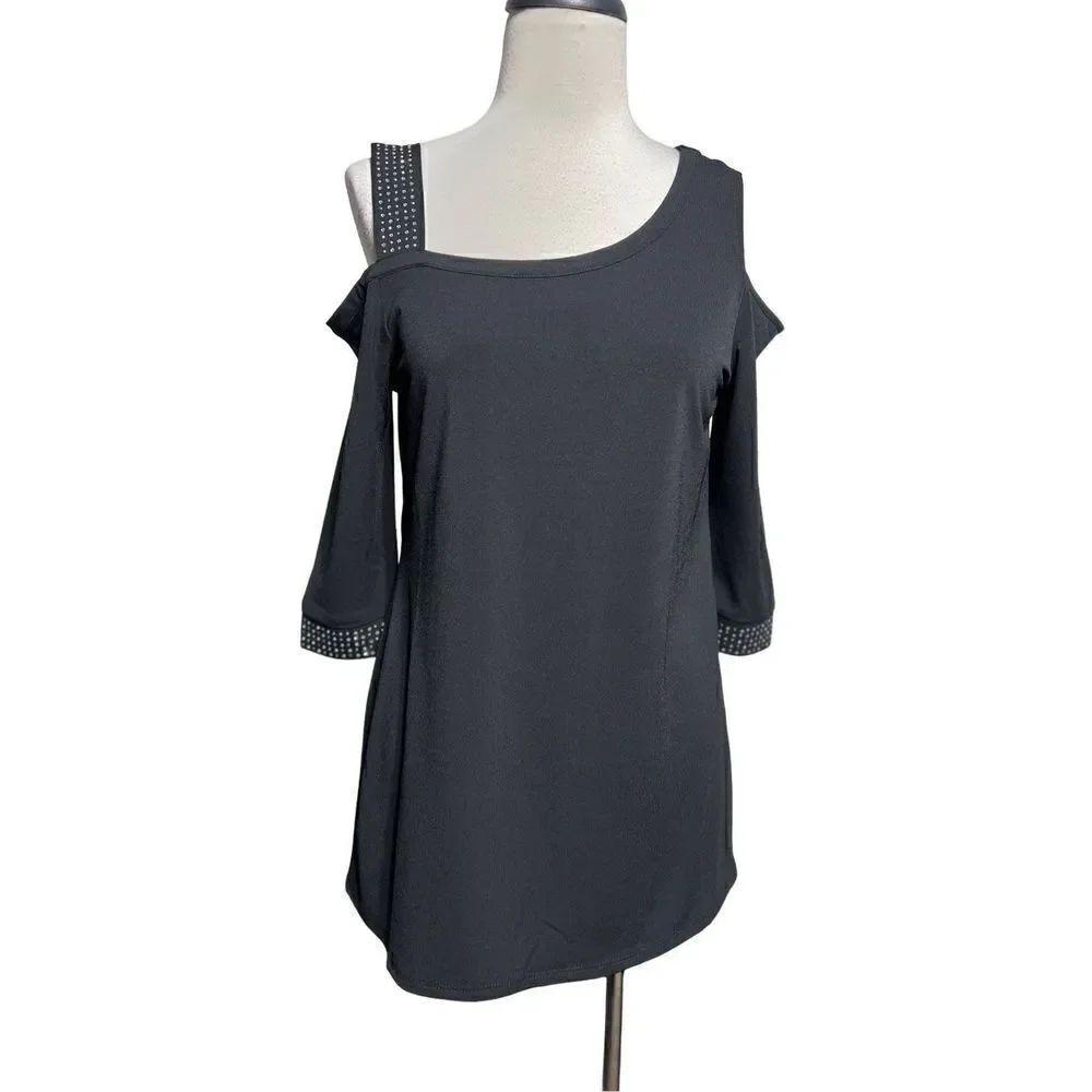 Belldini NWT Black 3/4 Sleeve Rhinestoned Embellished Tunic Size Small
